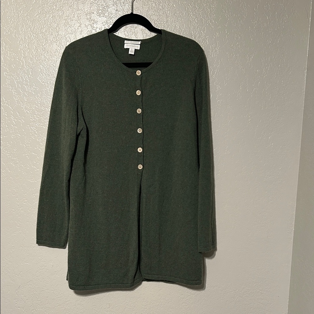 Charter Club Green Sweater with Cream Buttons.  2 ply 100% Cashmere!